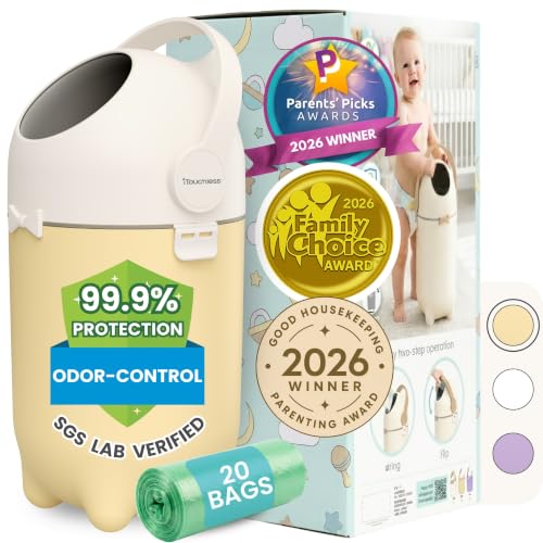 iTouchless Odor-Locking Diaper Pail - 2026 Award-Winning Ag+ Silver Ion Nursery Bin - Fits Any Bag, No Refills Needed - Includes 20 Leak-Proof Bags (Holds 300 Diapers) - Sand Almond Versatile Bin