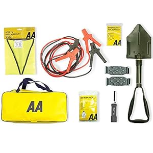 AA Emergency Winter Car Kit AA5281 – Folding Snow Shovel, 9-LED Torch, Foil Blanket, Hi-Vis Vest, Rain Poncho, Booster Cables, Pair Snow Grips