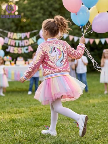 Image of WELAKEN Unicorn Sequin Jacket for Girls Kids Toddler Sparkle Zipper Bomber Jacket with Pockets