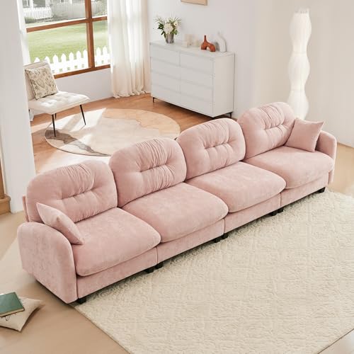 Image of KEIKI 140 inch Oversized Chenille Modular Sectional Sofa with High-Density Foam Cushion and Tufted Pleated Cushion Backrest, Upholstered Modern 4-Seater Cloud Couch with 2 Pillow, for Living Room, Pink