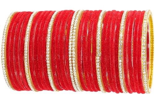 Image of NMII Fancy Glass Golden Zircon Diamond Stone & Velvet Finish Plain Bangles Set For Women & Girls | Glass Velvet Bangles | Kanch ki Chudiyan | Girl's Bangles Bracelet | Fashion Jewellery- Set of 32