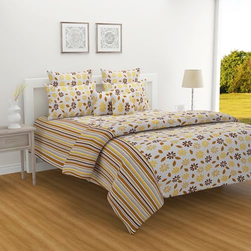 Image of Swayam Pure Cotton King Bedsheet with 2 Pillow Covers | Size 108 x 108 inch | 160 TC | Floral Design | Soft Breathable Bed Sheet | Comfortable & Durable for Bedroom - Yellow & Brown