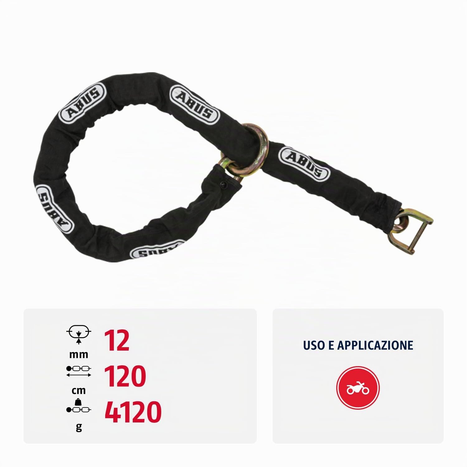 ABUS Catena 12KS per bloccadisco Granit Detecto XPlus 8008 - sicurezza aggiuntiva per moto - catena spessa 12 mm con tubo in tessuto