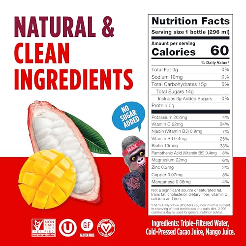 Image of Blue Stripes Mango Cacao Water - Hydration Drink with Natural Electrolytes & Antioxidants | Cold Pressed Cacao Juice, Mango Juice & Water | No Sugar Added, Plant Based, Non GMO | 10 Fl Oz (12 Pack)