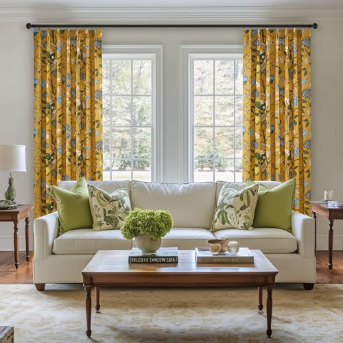 Image of 90 Inches Long Curtains 2 Panels for Living Room Bedroom Unique Elegant Colorful Floral Hummingbird Patterned Rustic Mustard Yellow Pinch Pleated Drapes for Classroom Room Office 40x90