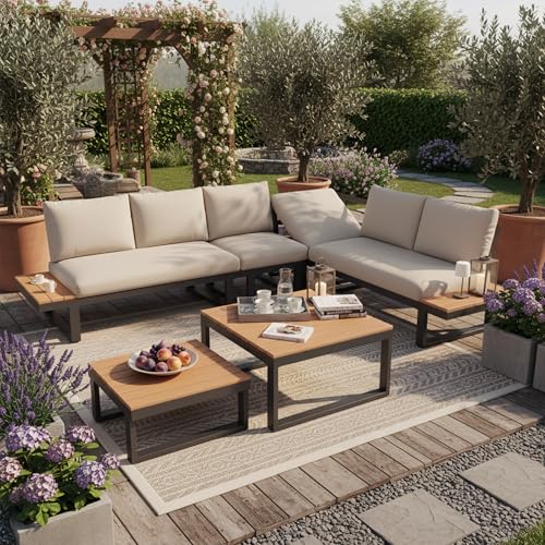 Salon de Jardin Exterieur 6/8 Personnes avec Fonction d'inclinaison Réglable(5 Positions, Jusqu'à 55°), Canapé d'angle Jardin Exterieur avec Plateau en...