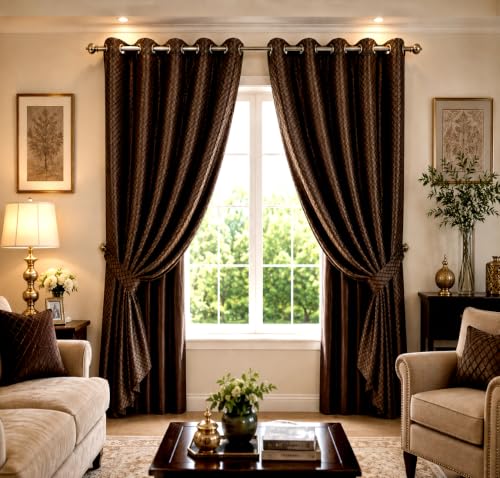 Image of Double Curtains 2 in 1 Embroidery Transparent Curtain with 80% Blackout Curtain Best for Every Interior Living Room Grommet (D Coffee 5 feet Set 2)