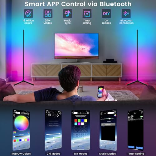 Hitish Corner Floor Lamp 2 Pack, 62.2” Smart RGB Led Corner Light with APP & Remote Control, Music Sync &Timer Setting, Modern Color Changing Mood Lighting for Living Room, Bedrooms, Gaming Room