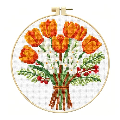 Image of Zhenqing Orange Tulip Bouquet Cross Stitch Kit for Beginners - Complete Set with Pre-Printed 11CT 24x24cm Fabric, Hoop & Threads(70359)