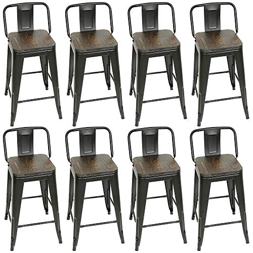 8 Taburetes Altos, Silla de Bar con Respaldo, Silla de Cocina, Marco de Acero Resistente, Asiento de 63,5 cm de Alto, Fácil Montaje, Estilo Industrial, 42x42x63,5cm (8, Marrón Vintage y Negro)