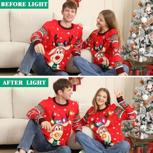 Ugly Christmas Sweater Women Men,Light Up Christmas Sweater for Couples,Funny Cute Reindeer LED Xmas Tacky Sweaters - Image 5
