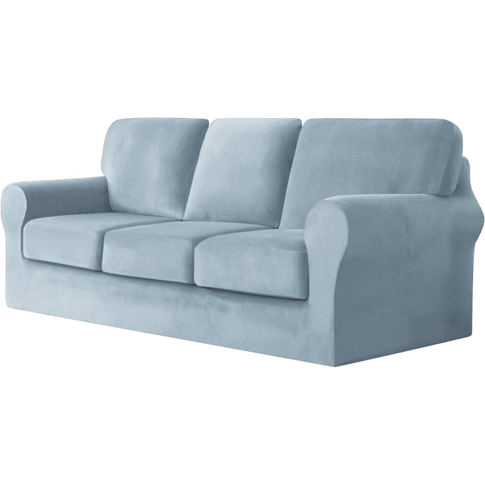 Housse de canapé 3 places velours extensible bleu housse de coussin dossier séparé
