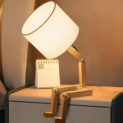 Bonita lámpara de escritorio, lámpara de mesa única, lámparas de mesa de noche de madera, divertida lámpara de robot extravagante, luz bonita para