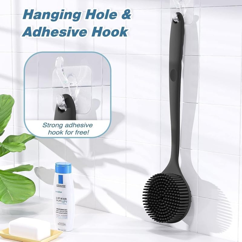 POTLID Silicone Back Scrubber with Long Handle | Body Exfoliating Bath Brush for Shower | Scalp Massager & Face Scrubber Combo | BPA Free Manual Bath Cleaning Brush 4