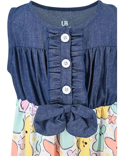 Image of Unique Baby Girls Sleeveless Denim Dress with Knot Tie and Fun Print for Toddler and Big Kids