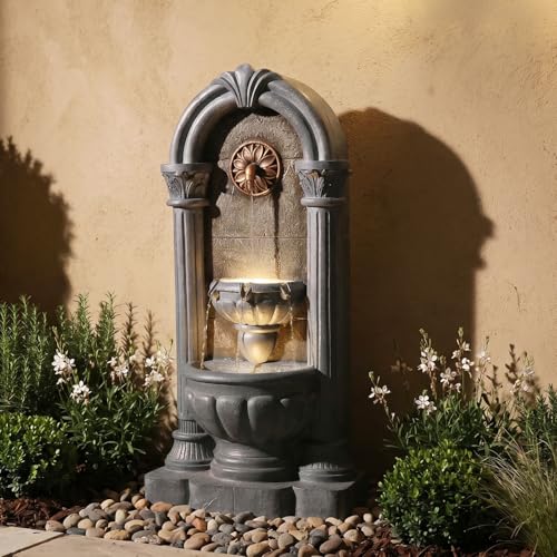 Image of 33.36 inch Outdoor Wall Fountain with LED Lights, Flat Back Water Fountain Outdoor Freestanding, Cascading Waterfall Feature for Patio Backyard Yard Garden Porch Courtyard