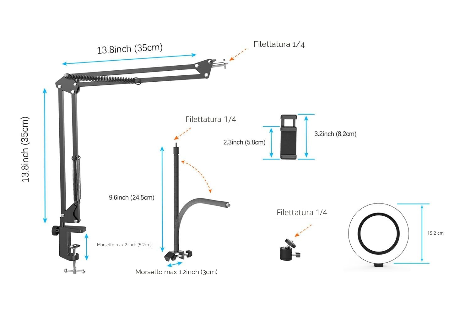 Overhead Treppiede cellulare con luce, braccio flessibile da tavolo con luce, supporto flessibile per fotocamera da tavolo per registrazione video YouTube Live Stream
