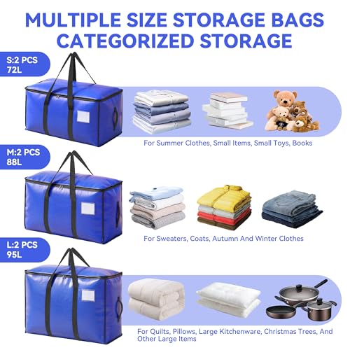 Prelisee 6pcs Große Aufbewahrungstasche 75L-95L Heavy-Duty Umzugstaschen mit 12 Kärtchen,Faltbare Umzugskartons mit Reißverschluss Griff,Organizer Storage Moving Bags für Umzug Kleidung Bettwäsche