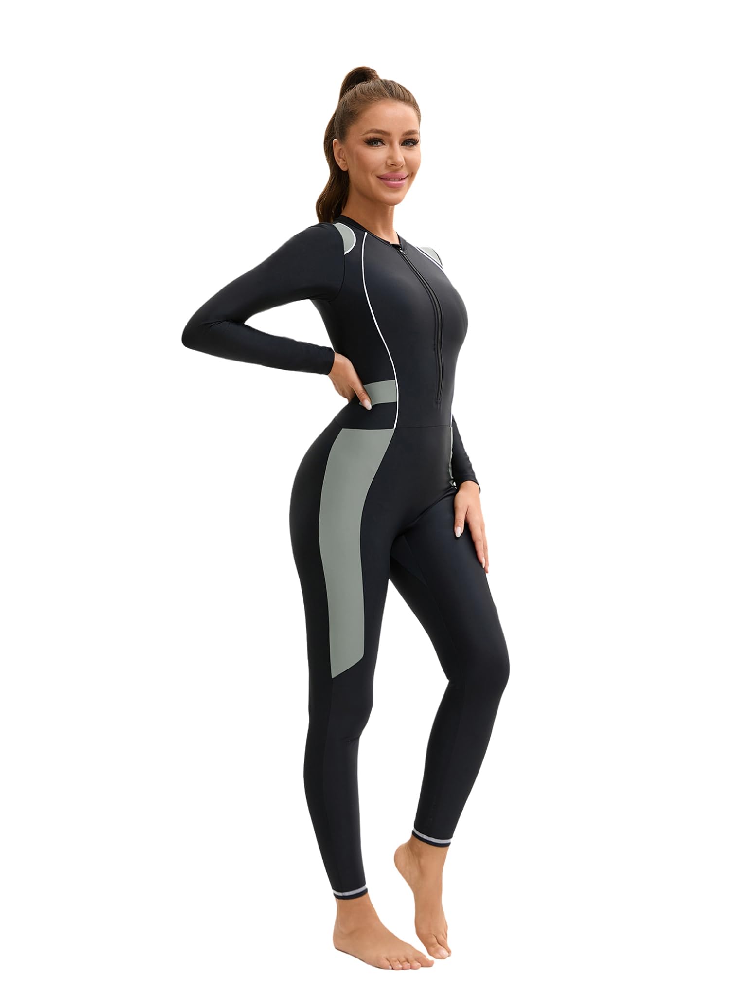 Mufeng Maillot de Bain Femme Zip Up Manches Longues Rashguard Protection Fermeture éclair Surf Combinaison de Sport Natation