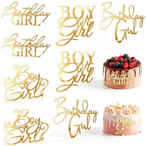 8 PACK Cake Topper, Gender Reveal Cake Decorations, for He or She, Gold Glitter, Party Photo Booth Props, Acrylic Gold Cake Toppers