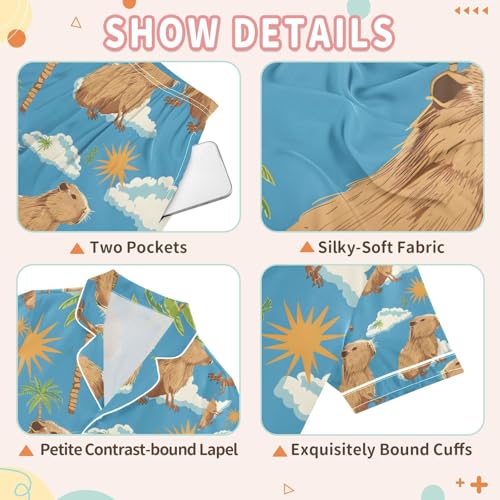 senya Capybara on Tropical Satin Summer Pajama Sets Silk Short Sleeve Button Down Sleepwear3