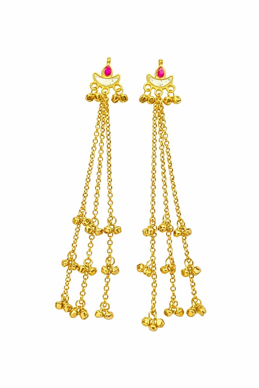 Kashmiri Jhumka Chandelier Earrings with Red Stones, Antique Gold Plated Brass, Cascading Chain Danglers, Traditional Ethnic Wedding Jewellery