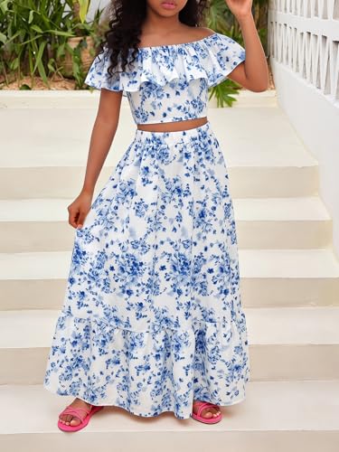Image of BEAUDRM Girl's Summer Outfits Tropical Summer Dress Hawaiian Off Shoulder Tops and Ruffle Skirt Set Vacation Beach Clothes