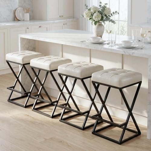 Image of Bar Stools Set of 4, 26 Inch Counter Height Faux Leather Cream White