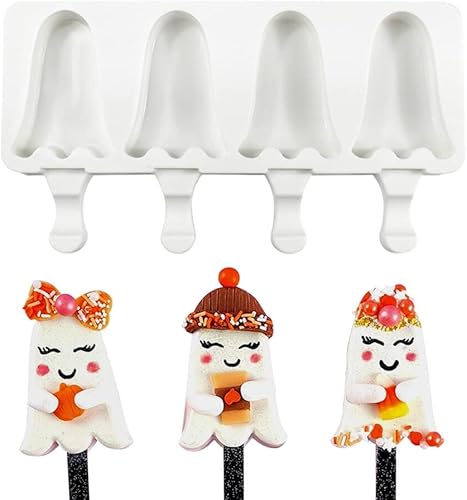 Moldes de paletas con forma de fantasma, moldes de silicona para paletas de 4 cavidades para niños y adultos, moldes de helado para tartas, moldes