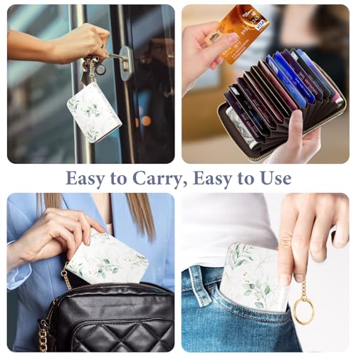 Image of Credit Card Holder RFID Wallet for Women, Small Leather Card Organizer Case with Zipper and Keychain, Golden Leaf
