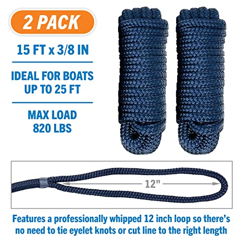 Image of Dock Lines for Boats 3 /8 inch x 15ft, 2 Pack Double Braided Nylon Boat Rope