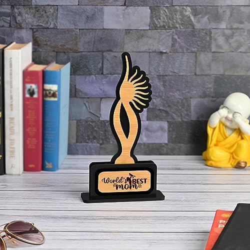 Image of GKD Gift for mom Awards and Trophy Worlds Best mom Beautiful Momento Black and Bamboo Design with Wooden Cutwork Gift for Mother (Size 10x6)