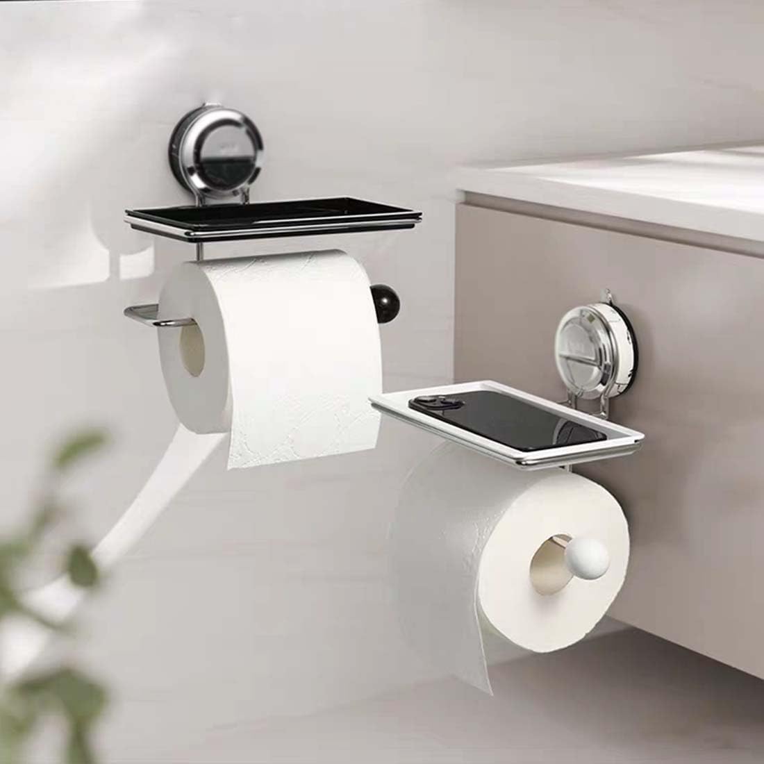 Soporte de papel higiénico de acero inoxidable de succión fuerte sin taladrar, se mantiene fuerte y estable, soporte para rollo de papel higiénico con estante para baño, estante de almacenamiento con