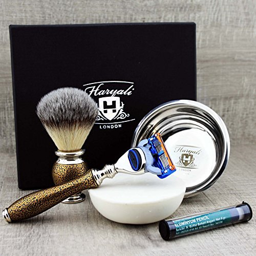 Haryali London 5 Pc Mens Shaving Kit 5 Edge Safety Razor With Synthetic Badger Hair Shaving Brush, Soap, Bowl and Alum Perfect Set For Men