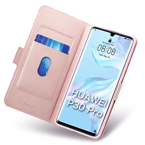 Aunote Funda para Hauwei P30 Pro/P30 Pro New Edition, Funda Huawei P30 Pro Libro, Carcasa Huawei P30 Pro con Tapa y Tarjetero, Capa Tipo Flip Case, Telefono Móvil Phone Cover Piel Protector. Oro Rosa