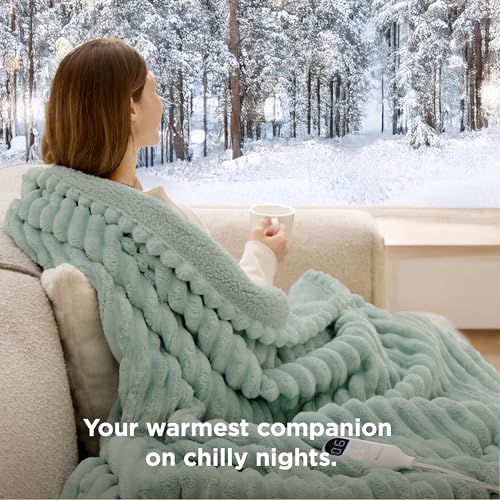 Image of Bedsure Heated Blanket Electric Throw - Thick Striped Flannel Electric Blanket, Heating with 4 Time Settings, 6 Heat Settings, and 3-Hour Timer Auto Shut Off, Gift for Grandma (50x60 inches, Green)