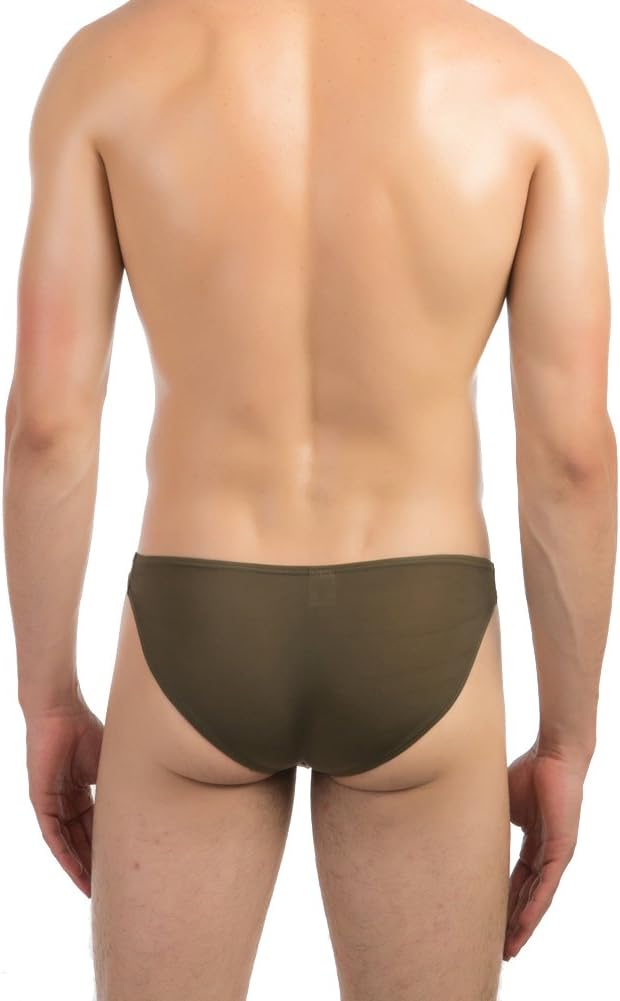 Mens Sexy Underwear Long Seperate Pouch Ice Silk Briefs Hipsters Triangle Briefs (Army Green)