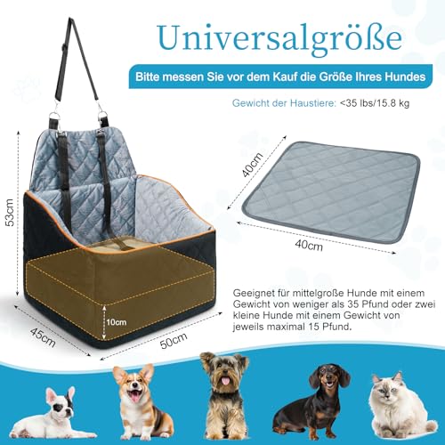 CEMOFE Hunde Autositz für Kleine Hunde bis 15.8 kg, Abnehmbar & Waschbarer Hundesitz Auto mit Welpenunterlagen, Tragbare Hundeautositz mit Sicherheitsleinen für Beifahrer und Rücksitz, S( 15.8kg)