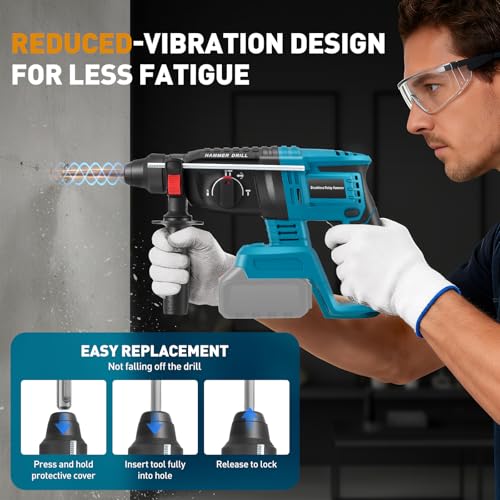 Batteriehammerbohrer für professionelles 18 V System, Haedswer kompatibel mit der Makita 18 V Batterie und 10 Bohrstiften, Schwingungsschutzgriff und Sicherheitskupplung