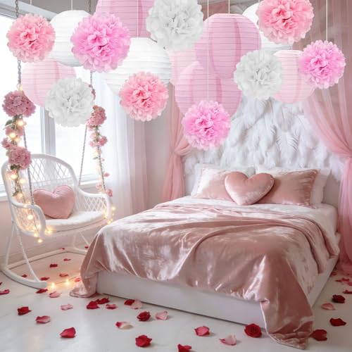 Image of 18 PCS Pink White Paper Lanterns & Tissue Paper Pom Poms for Girls Birthday, Baby Shower, Wedding, Bridal Shower, Hanging Paper Decor, Party Decoration Set for Indoor Outdoor Events Party Supplies