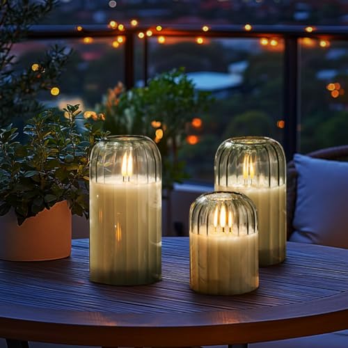 Image of Ribbed Glass Battery Candles - FLameless Candles with Remote, Sage Green LED Candles with Timer, Warm Light, Lasting 350 Hrs and Brightness Adjustment, Φ 3 inch H 4 inch 5 inch 6 inch, Set of 3 for Christmas Decor