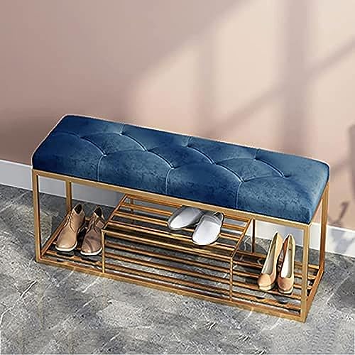Banc d'entrée velours bleu pour en finir avec les chaussures qui traînent dans le couloir
