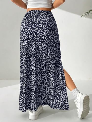 EARKOHA 2025 Skirts for Women Women's Ditsy Floral Full-Print Slit Skirt, Casual Holiday Wear Navy Blue S2