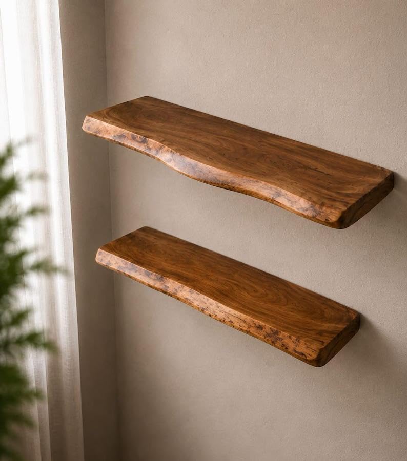 Dreamy design Natural Live Edge Wall Shelves Set of 2, Solid Wood Floating Display Shelves for Living Room, Bedroom, Kitchen & Bathroom Storage | 60x20x4cm-image-40