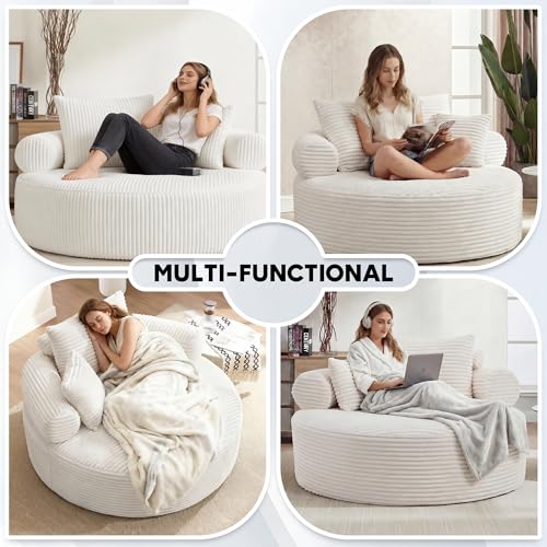 Image of Oversized Round Chair Lounge Chaise Indoor, 55.5 inch Upholstered Corduroy Deep Seat Single Cloud Sofa Chair, Fluffy Modern Large Circle Boneless Sleeper Sofa for Living Room, Bedroom, Beige White
