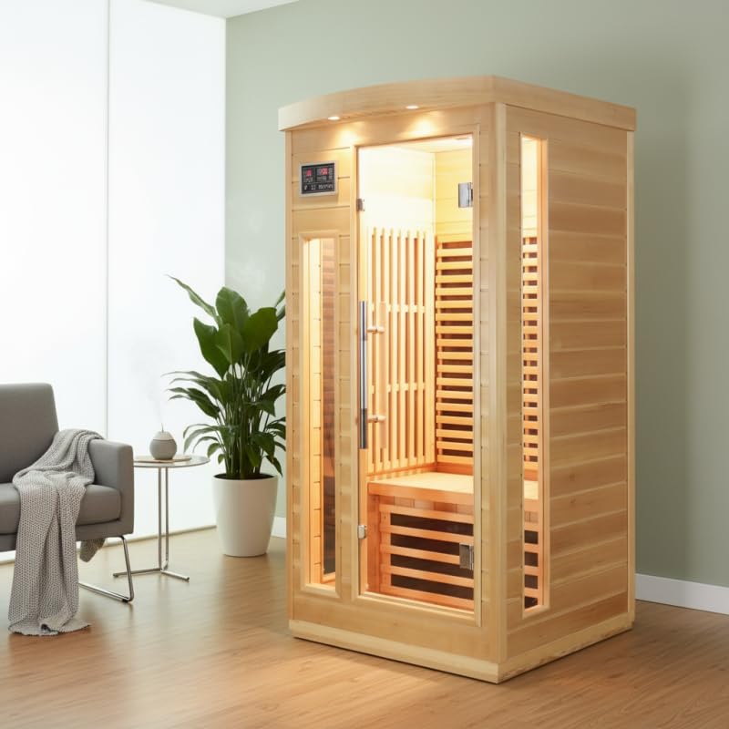 SNÖ Sauna Infrarouge Extérieur 1 Place 1500W Cabine Hemlock Bois Massif Chromothérapie LED Panneaux Carbone Porte Verre Sécurisé Ionisateur Bluetooth