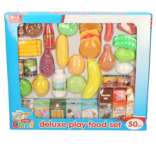 Junior Chef Deluxe Play Food Set 50 Pieces Educational Role Play Toys with Fruits Vegetables Groceries
