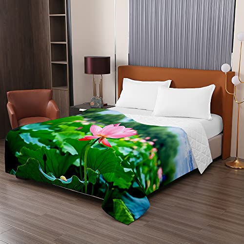 Odot 3D Seerose Druck Tagesdecke Steppdecke Bettüberwurf Bettdecke Stepp Decke Sofaüberwurf Gesteppt Waschbare Klimaanlage Wohndecke Doppelbett Reisedecke (130x150cm,Natur)