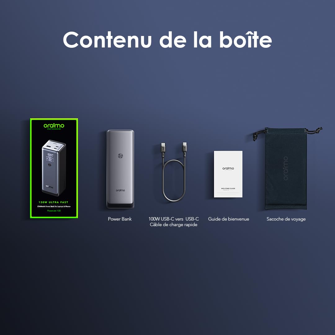 oraimo PowerJet 130 - Batterie Externe Puissante 130W 27600mAh - Power Bank Haute Capacité Recharge Rapide avec 3 Ports USB-C PD 100W et Écran Numérique LED, Conforme pour Avion