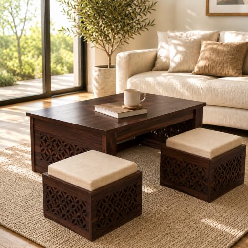 Image of Solid Sheesham Wooden Coffee Table with 2 Cushioned Stool|Teapoy Center Piece for Home Sofa Center Table for Living /Drawing Room,Hall|Space Saving Indoor Tea Table Set(Walnut Finish) CNC